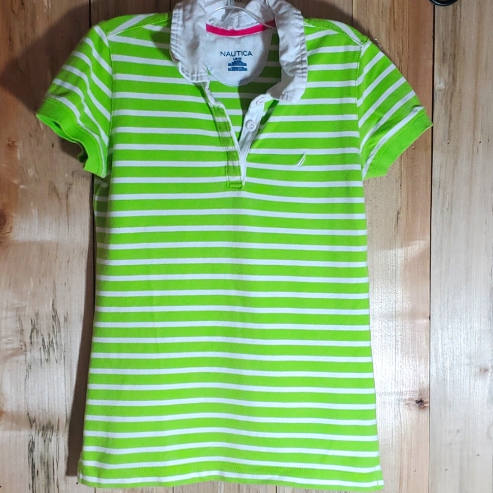Nautica Girl’s Polo Shirt L (8–10) Green White Striped Short Sleeve Preppy Top